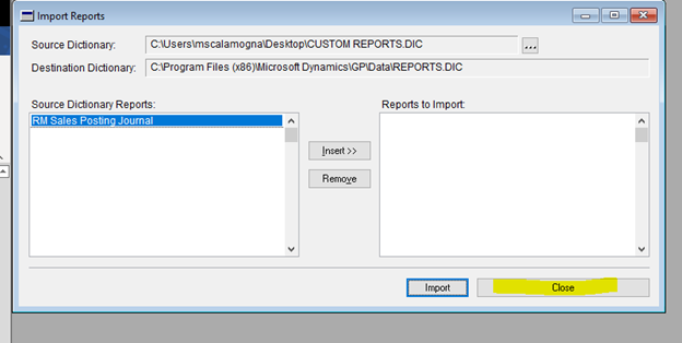 Import Report into Dynamics GP Reports.dic 10