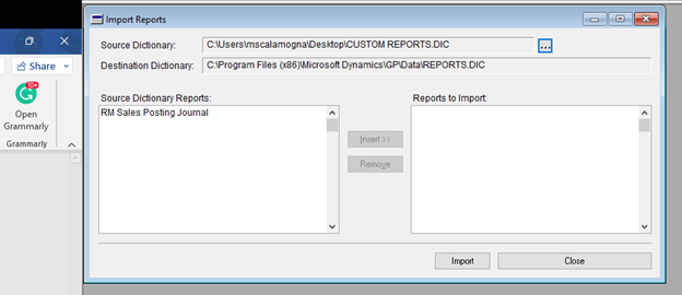 Import Report into Dynamics GP Reports.dic 6