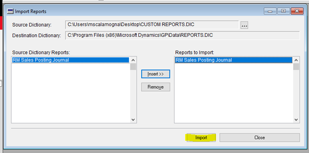 Import Report into Dynamics GP Reports.dic 9